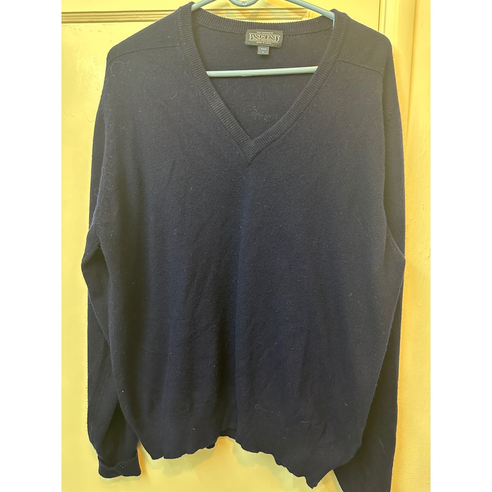 Lands End Navy Blue 100% Cashmere V-Neck Sweater Mens Large L